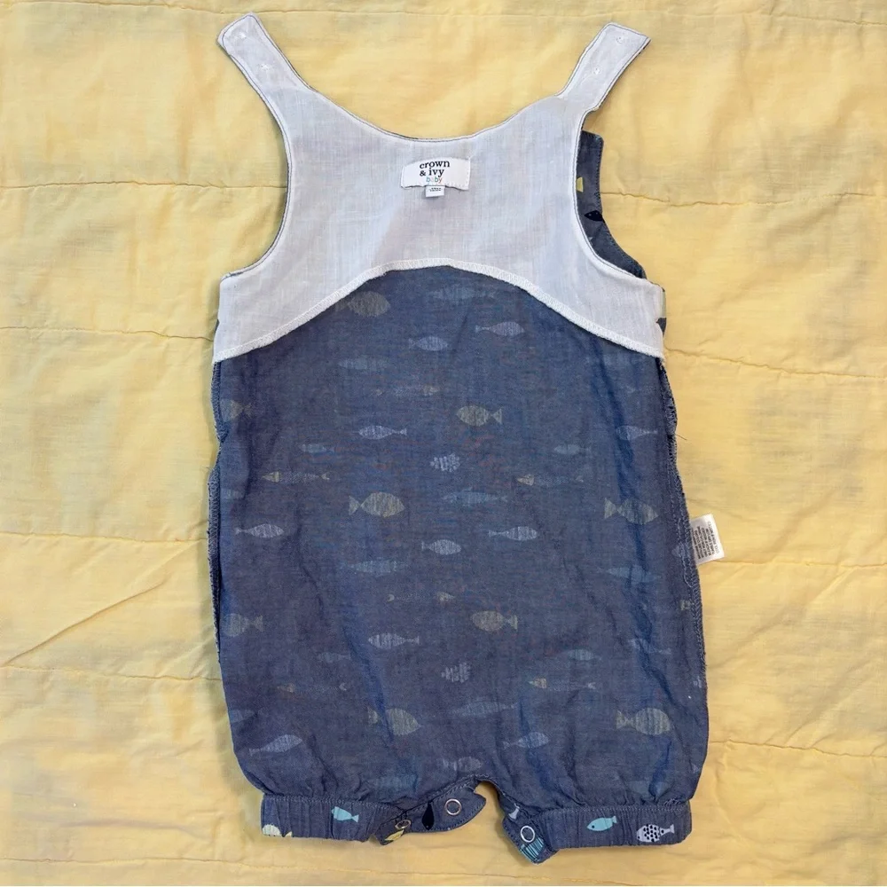 EUC Crown & Ivy Baby Romper, Blue with Fish Print, Baby Sz 12 months - Picture 7 of 13